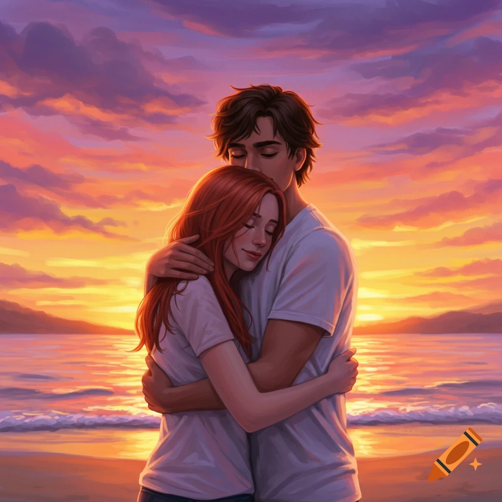 A man and woman hugging on a beach at sunset.