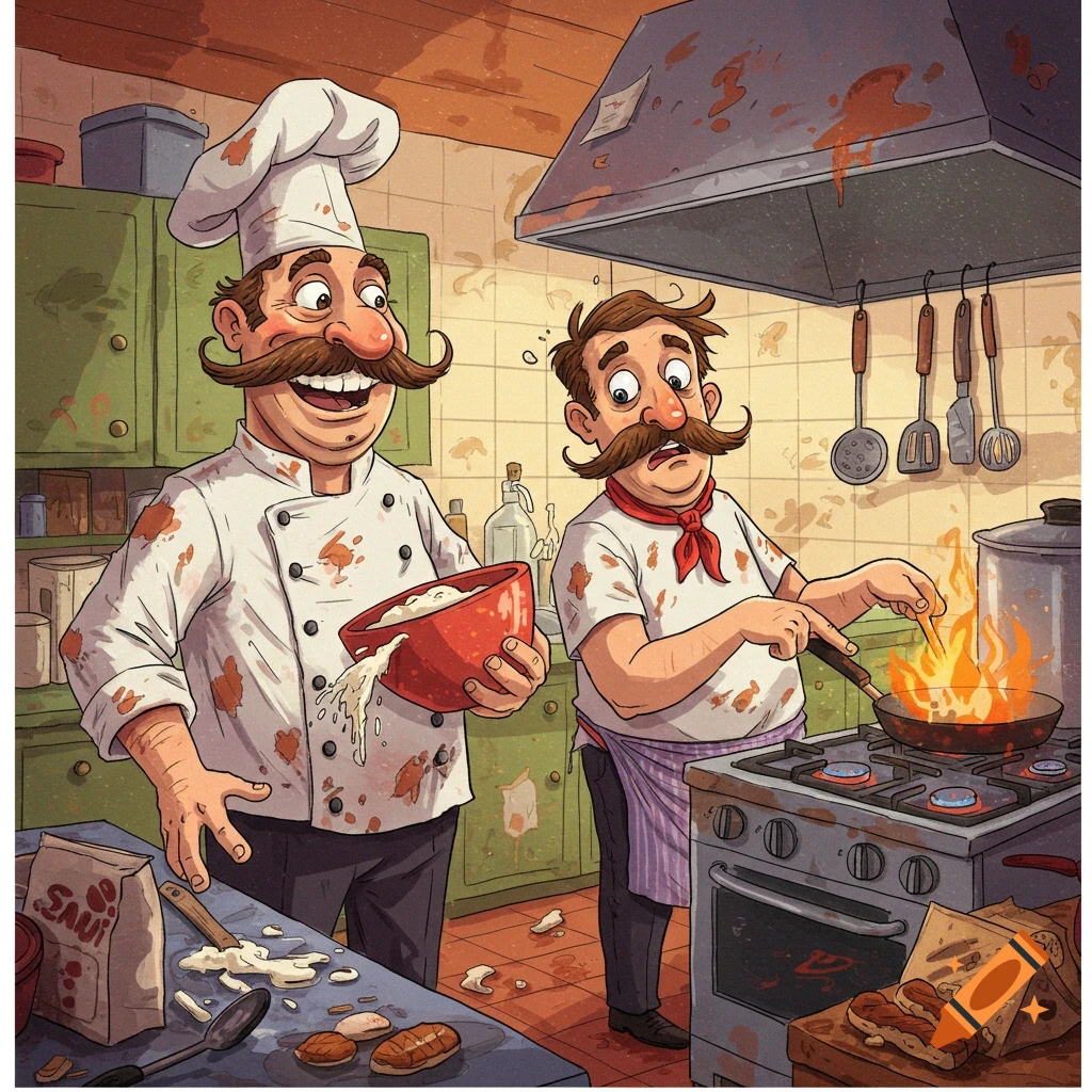 Illustration of two cartoon chefs in a messy kitchen, one holding a bowl, the other cooking over a flaming pan, with spills on the counter.