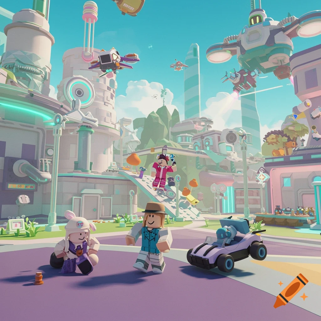 Roblox style avatars in a vibrant futuristic city with flying vehicles and buildings.