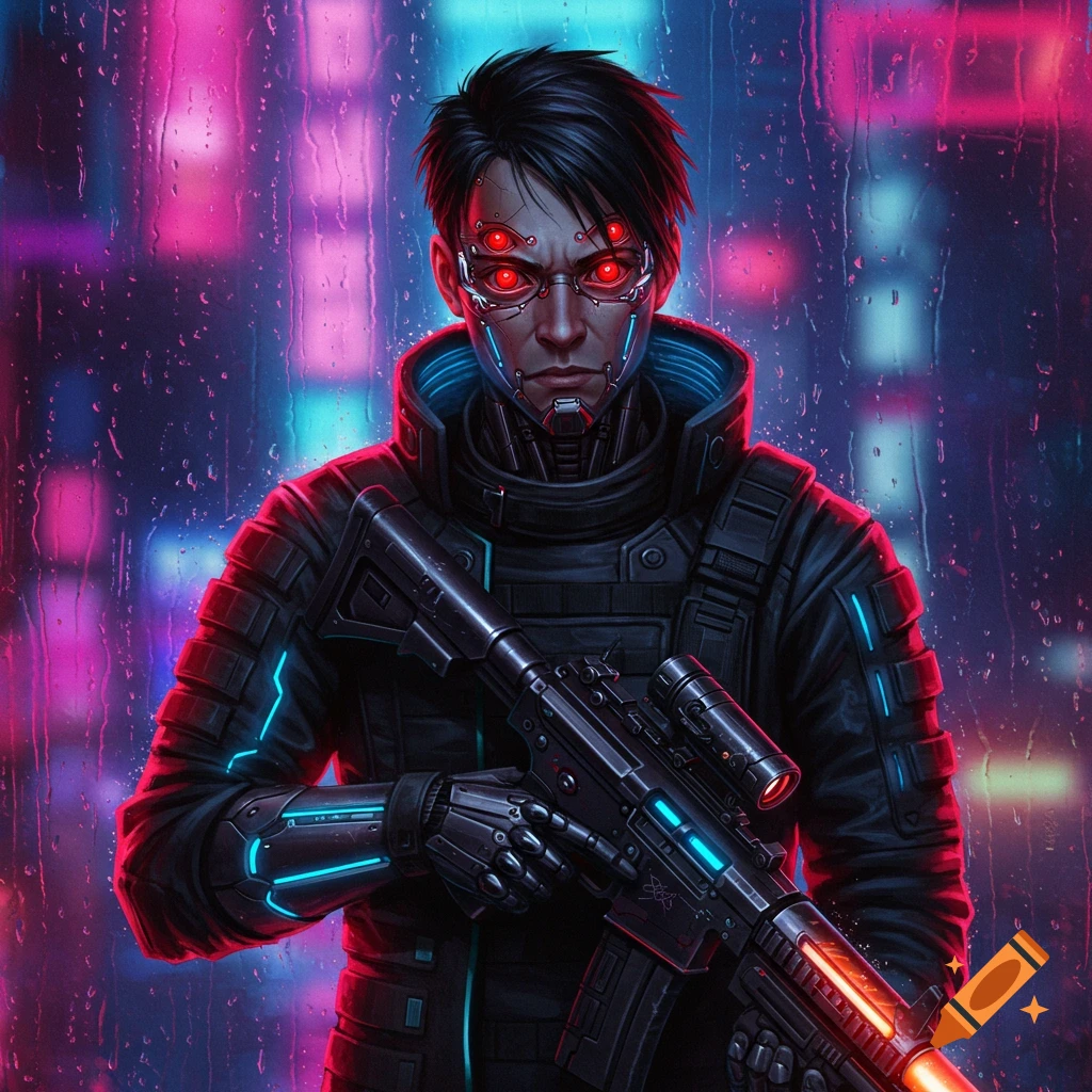 A cyberpunk mercenary with red cybernetic eyes holds a rifle in a rainy neon city.