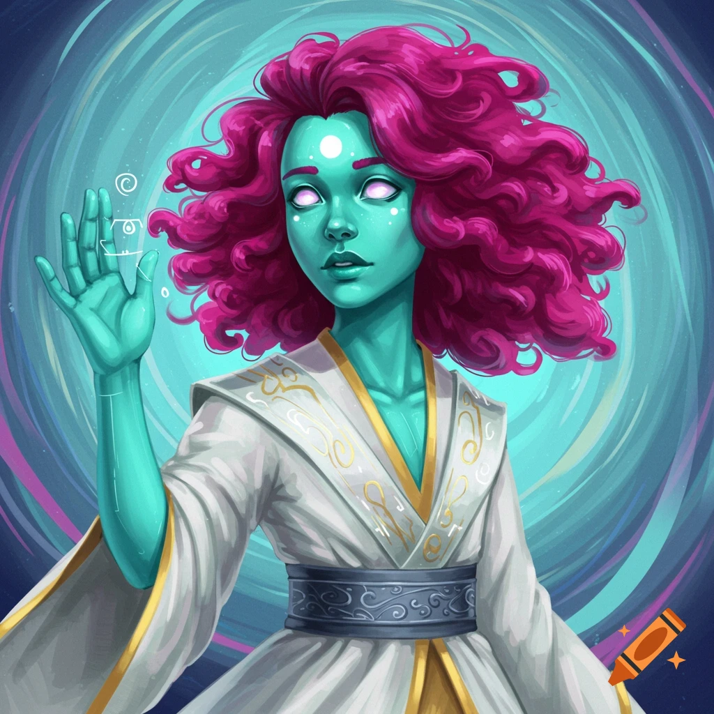 A stylized character with teal skin, pink hair, and glowing symbols, wearing a white robe.