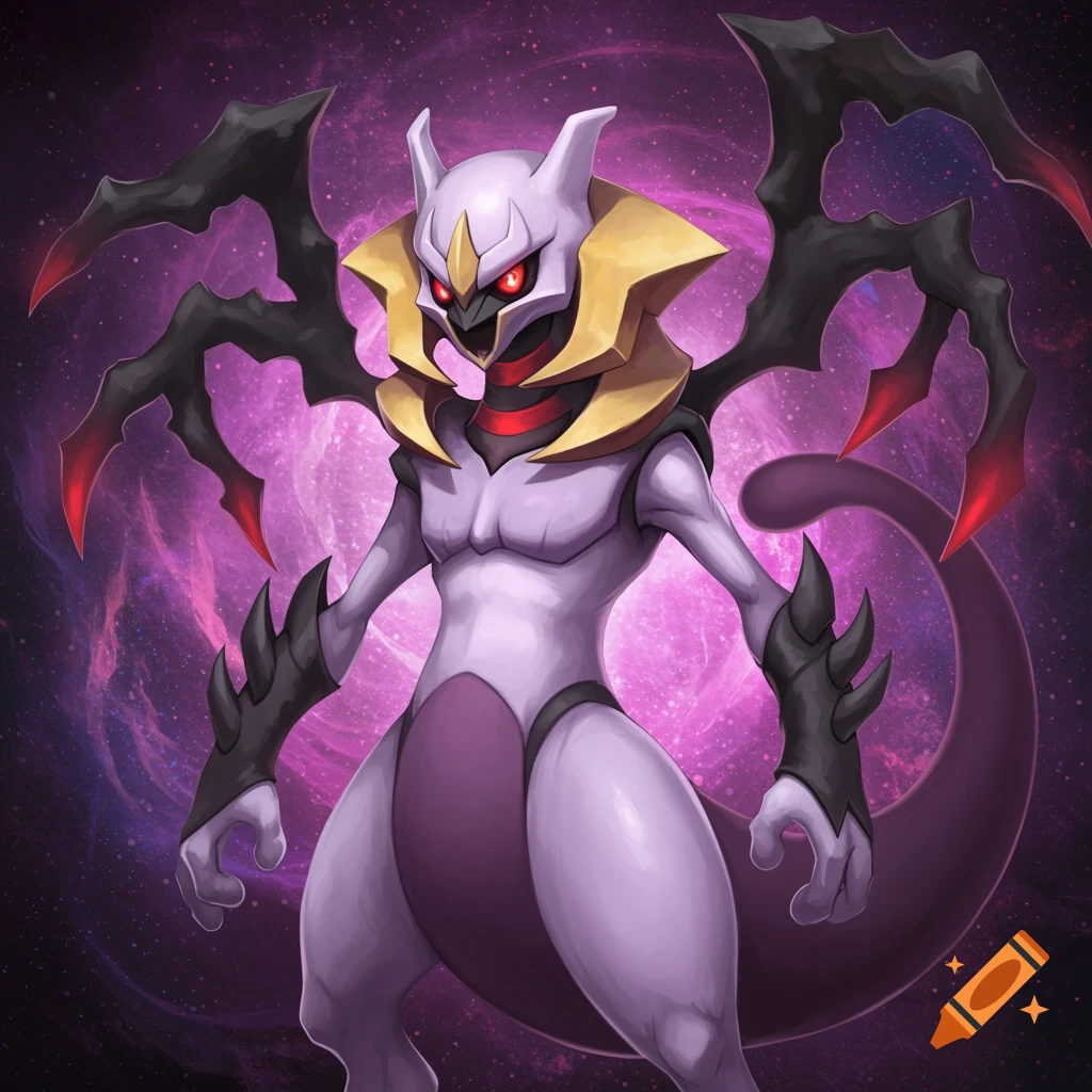 A Mewtwo-Giratina fusion creature stands against a purple cosmic background.
