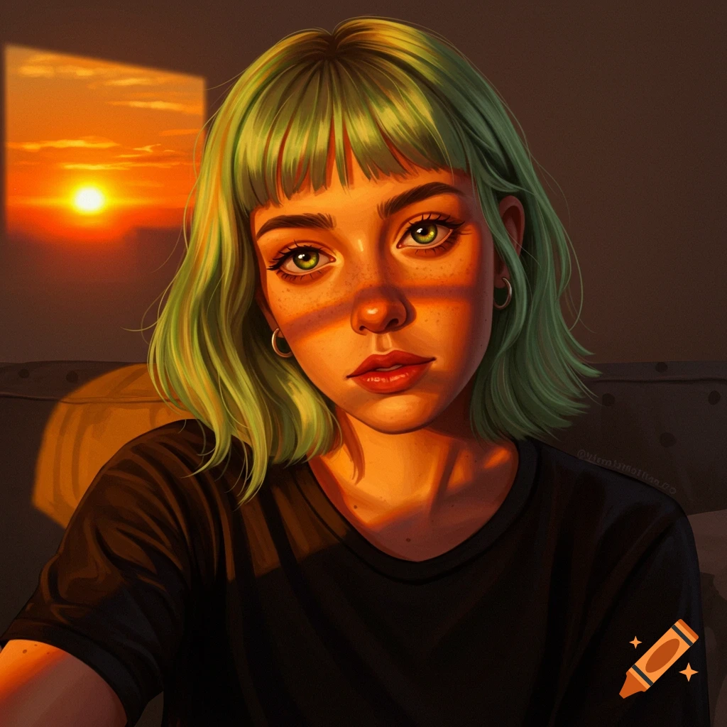 A woman with green hair and freckles is illuminated by the warm, orange light of a sunset streaming through a window.
