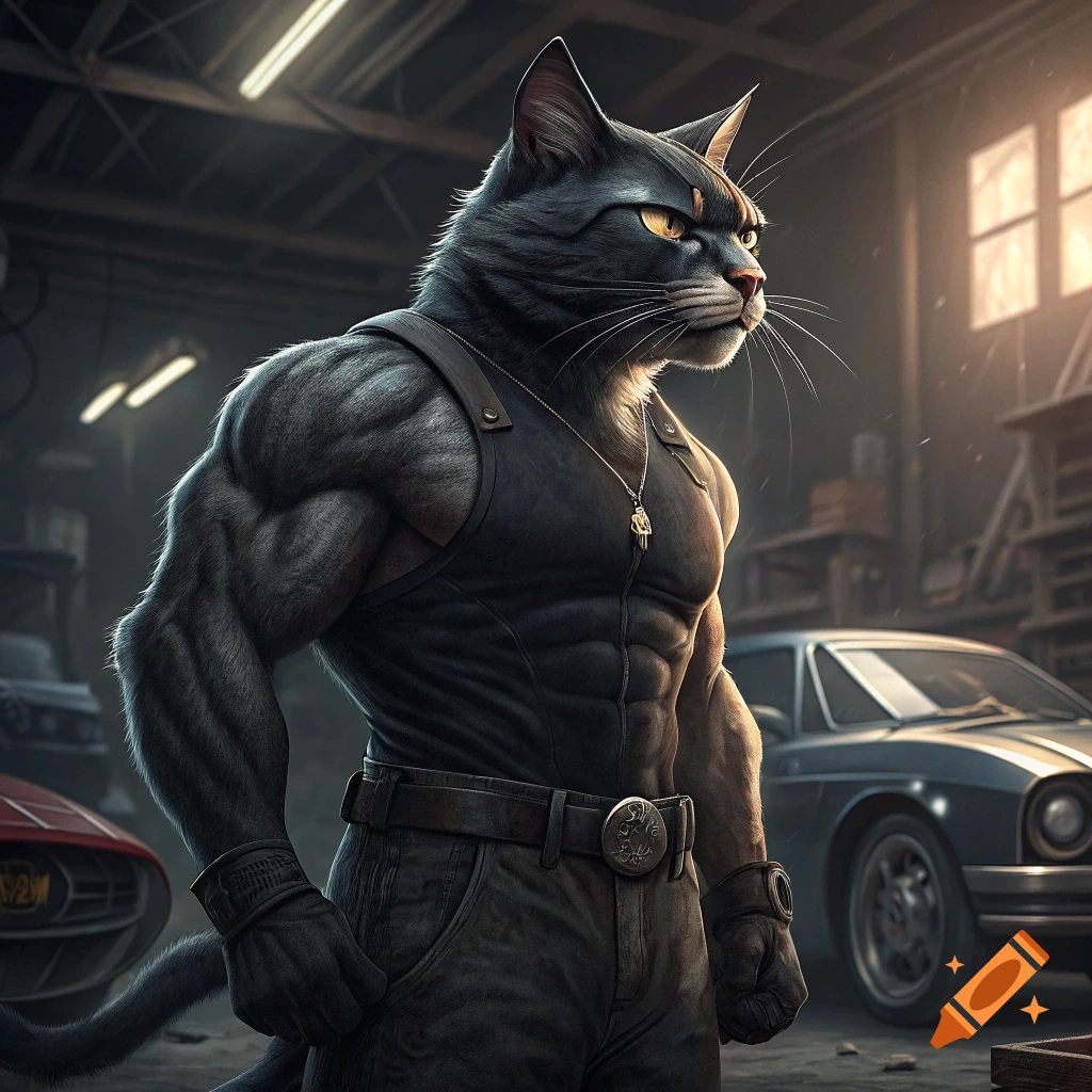 A muscular anthropomorphic black cat stands in a garage with cars.