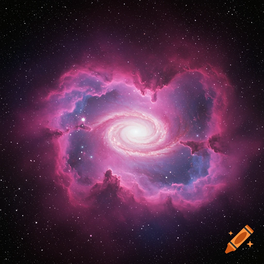 A vibrant spiral galaxy surrounded by pink and purple nebulas in space.