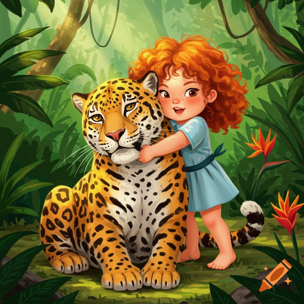 A girl hugs a jaguar in a jungle, children's book illustration style.