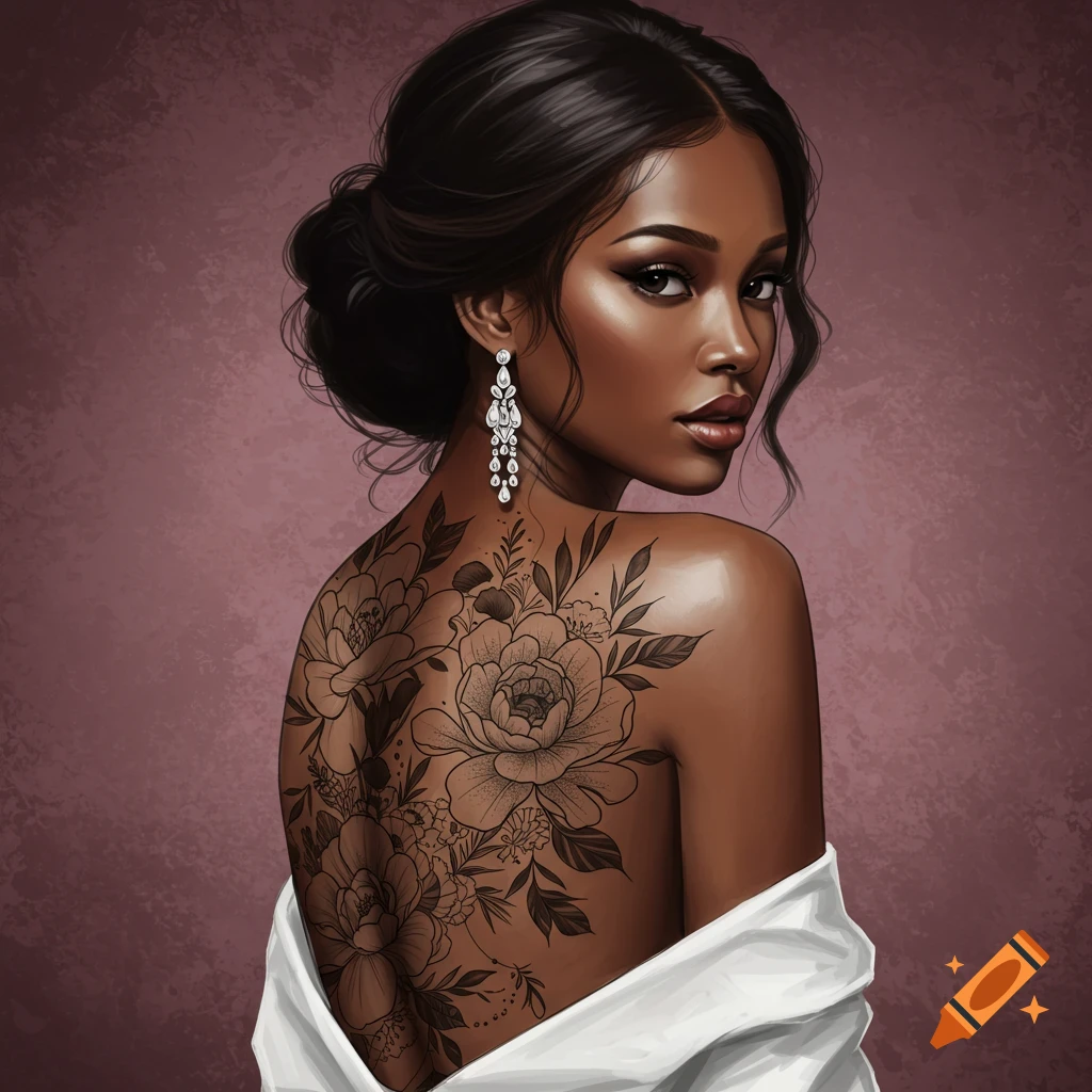 An elegant woman with a large floral back tattoo is looking over her shoulder.
