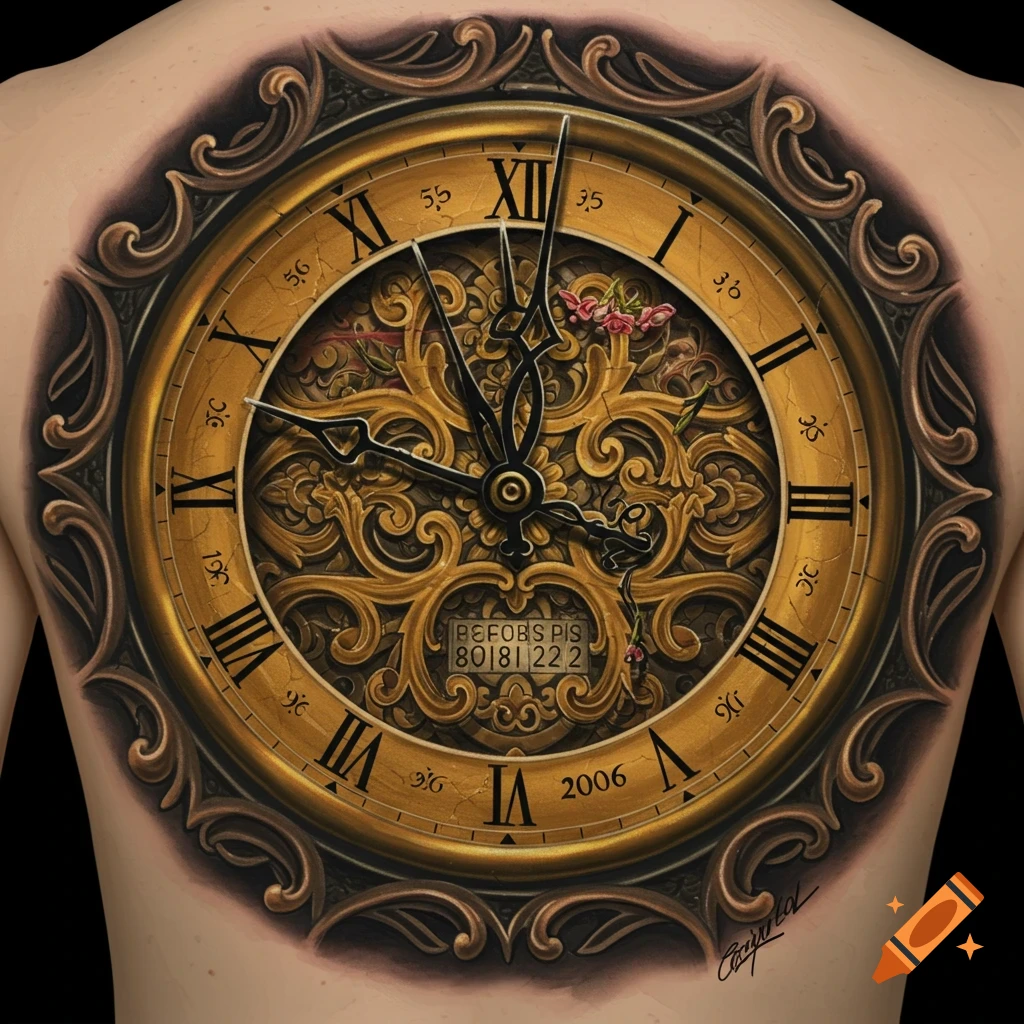 Detailed golden clock tattoo on a person's back.