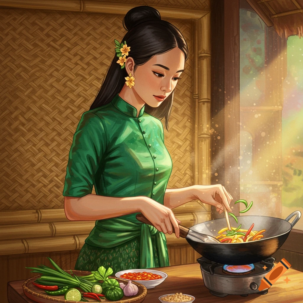 A Thai woman is cooking food in a kitchen.