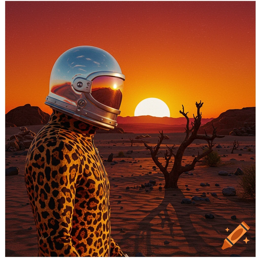 Person in space helmet and leopard suit in a desert at sunset.