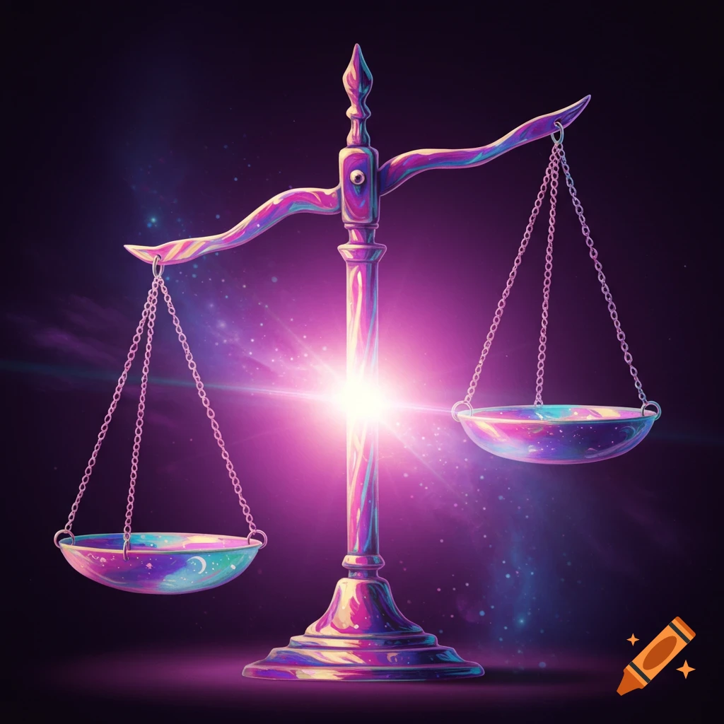Ornate scales with colorful pans and chains glowing against a dark, starry space background.