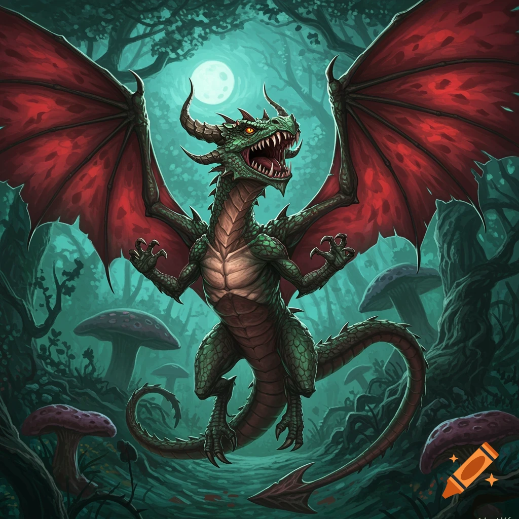 A green dragon with red wings roars in a dark, moonlit forest with large mushrooms.