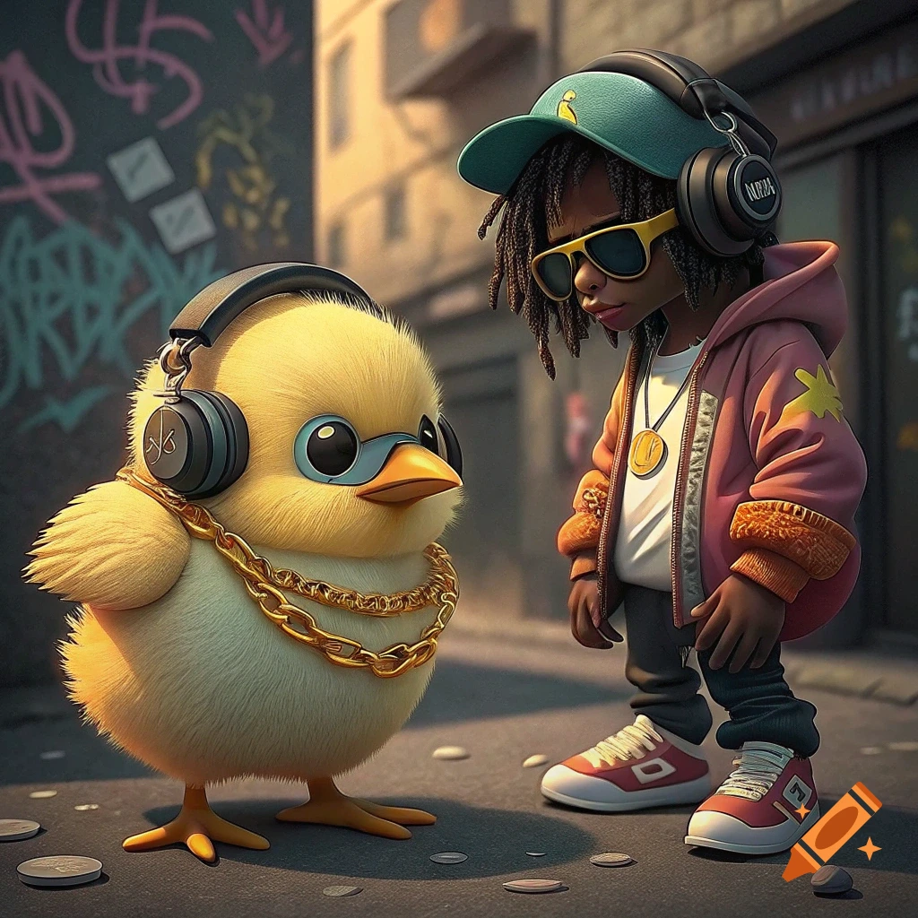 Stylized chick and child wearing headphones and hip-hop clothes in an urban alley.