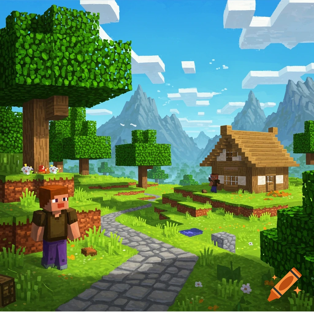 Minecraft scene with players, a house, trees, and mountains.