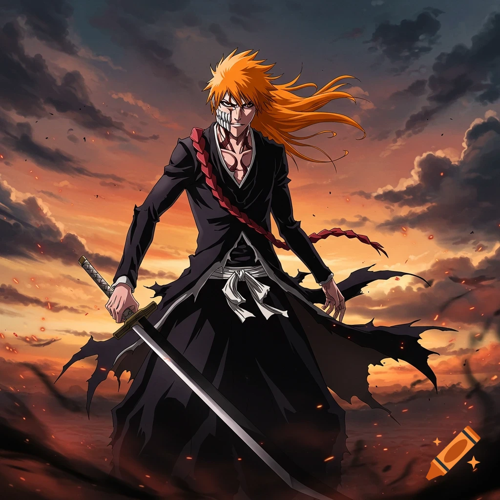 Anime character with orange hair and partial mask holds a large sword against a fiery sunset sky