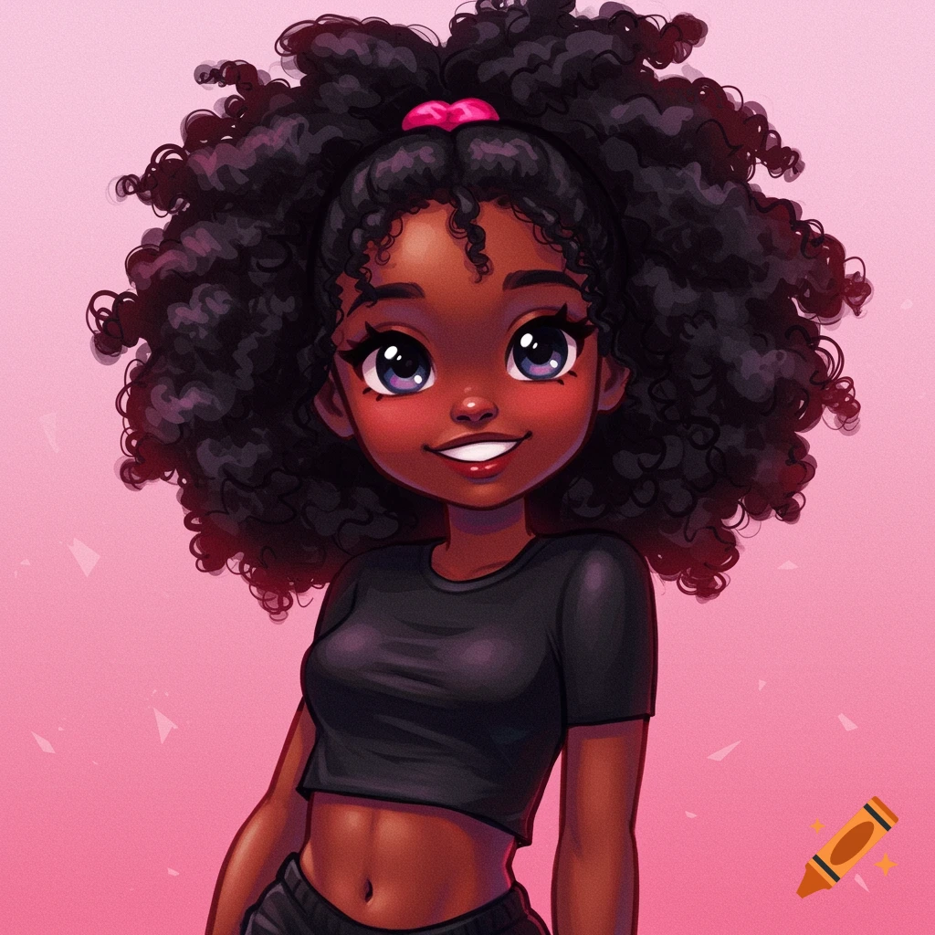 A young Black girl with curly hair in a crop top, in an anime style.