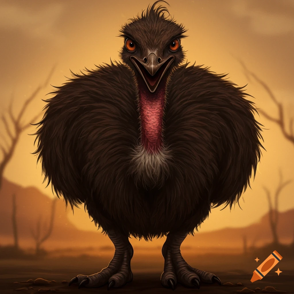 A stylized image of a mean-looking ostrich standing in a barren landscape.