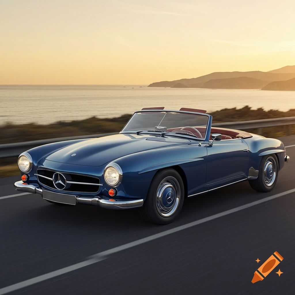 A blue classic Mercedes Benz convertible drives along a coastal highway at sunset.