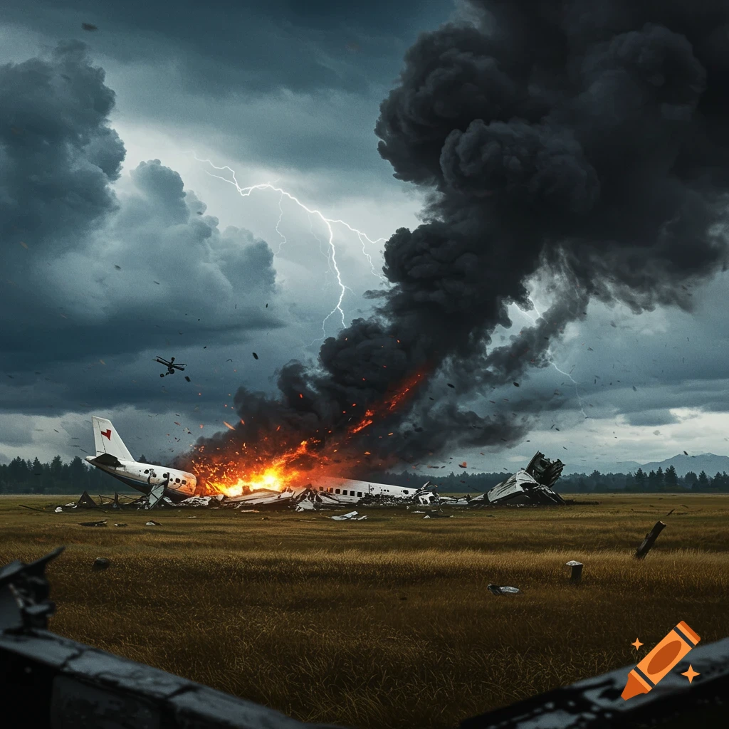 A crashed airplane in a stormy field with fire, smoke, and lightning.