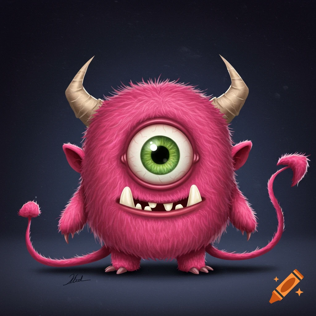 A pink fluffy monster with one green eye, horns, and a tail.