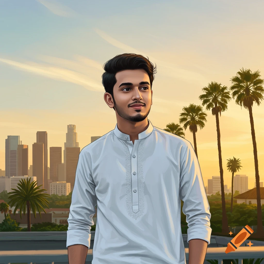 A young man in white stands before a city skyline at sunset.