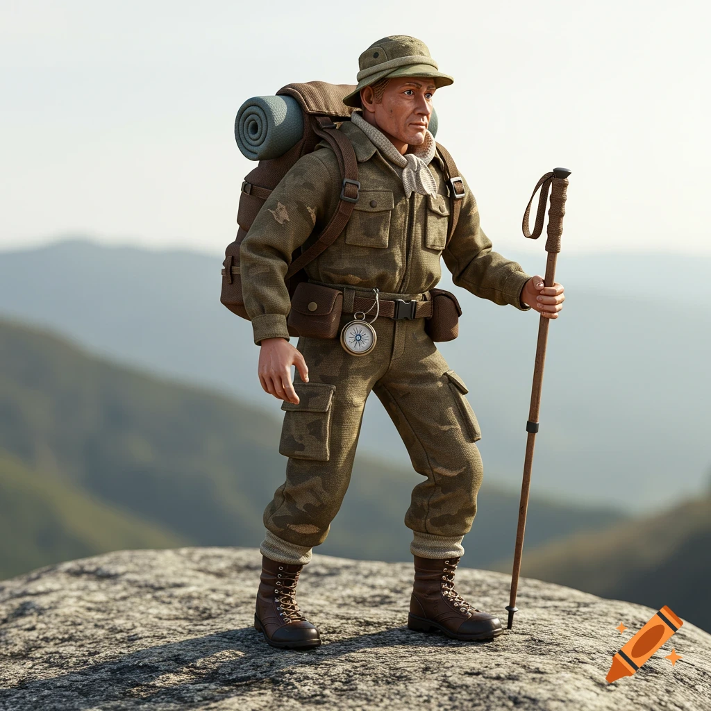 Realistic render of a hiker action figure standing on a rock with backpack and walking stick, overlooking mountains.