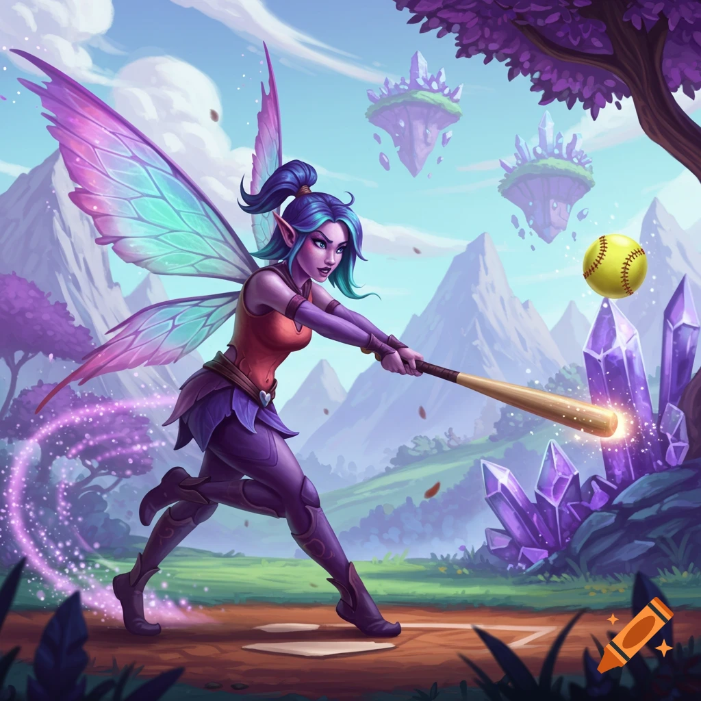 Purple and teal fairy swinging a baseball bat at a softball in a fantasy landscape with mountains and crystals.