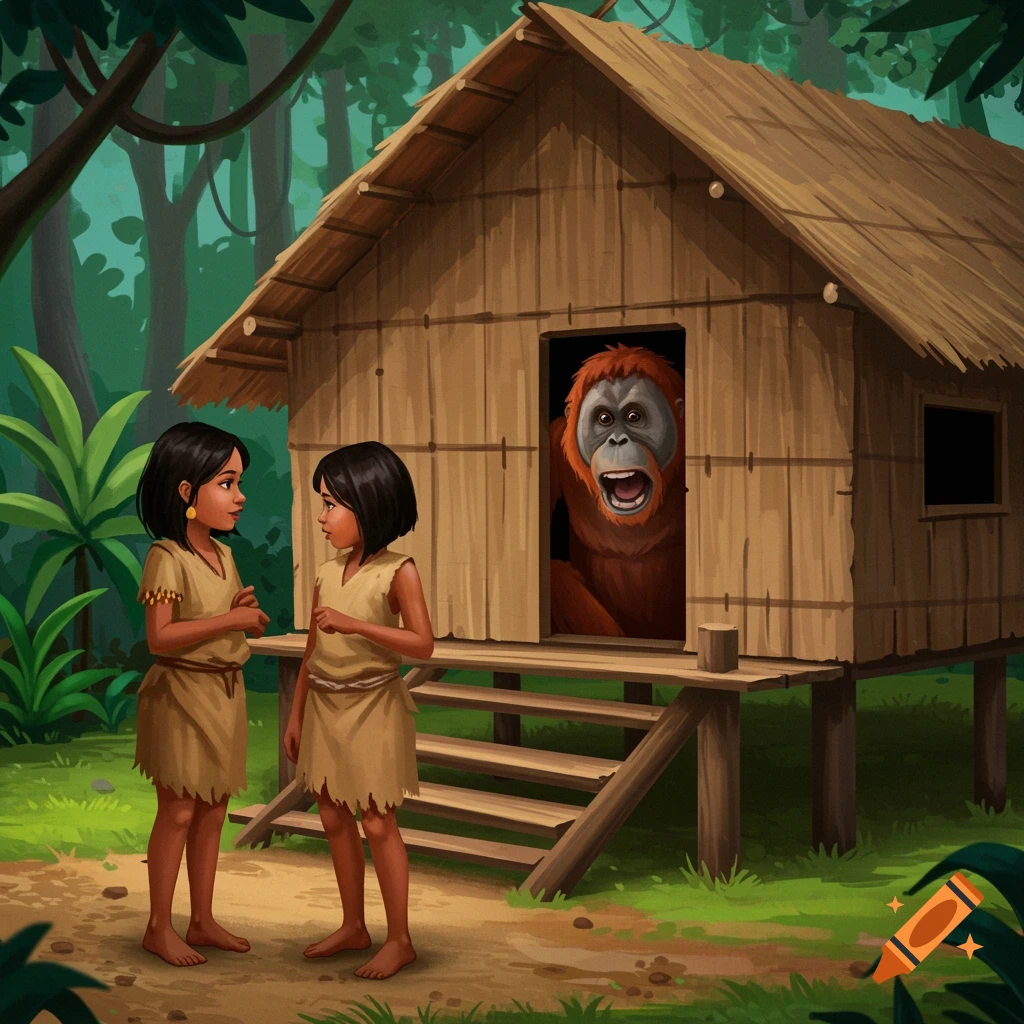 Two girls chat outside a stilt house in the jungle as an orangutan looks from the door.
