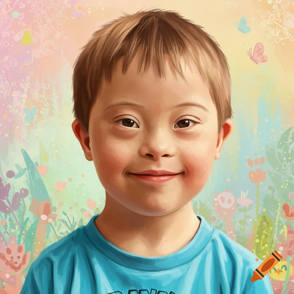 Young boy with Down syndrome smiling in front of a colorful, flowery background.