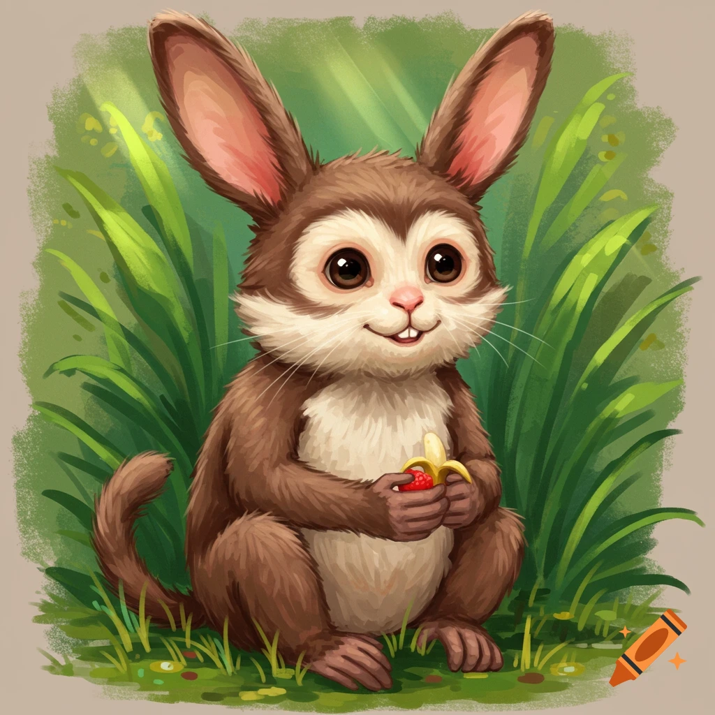 A cartoon rabbit-monkey creature sits in grass holding a banana and strawberry.