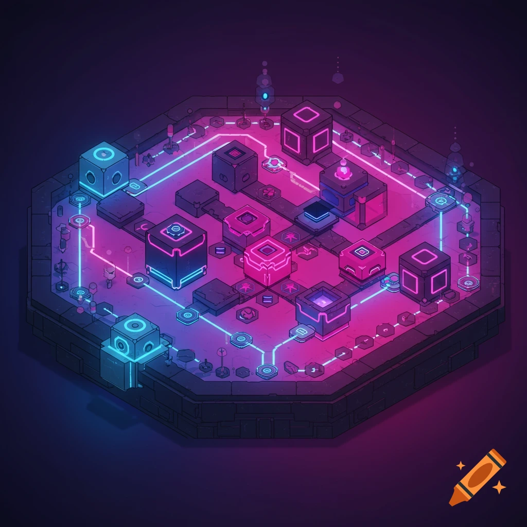 Abstract neon geometric structure, like a game level map