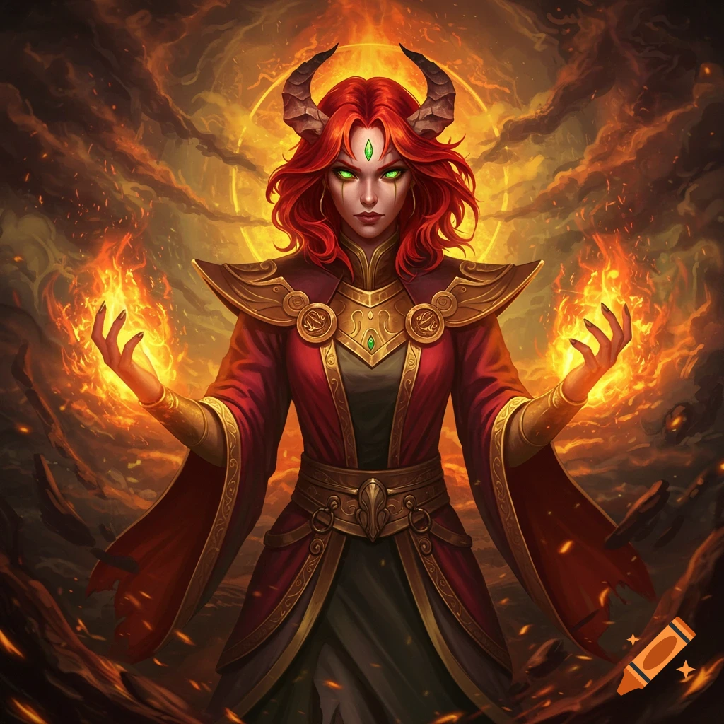 A female fantasy warlock with red hair and horns casting fire spells.