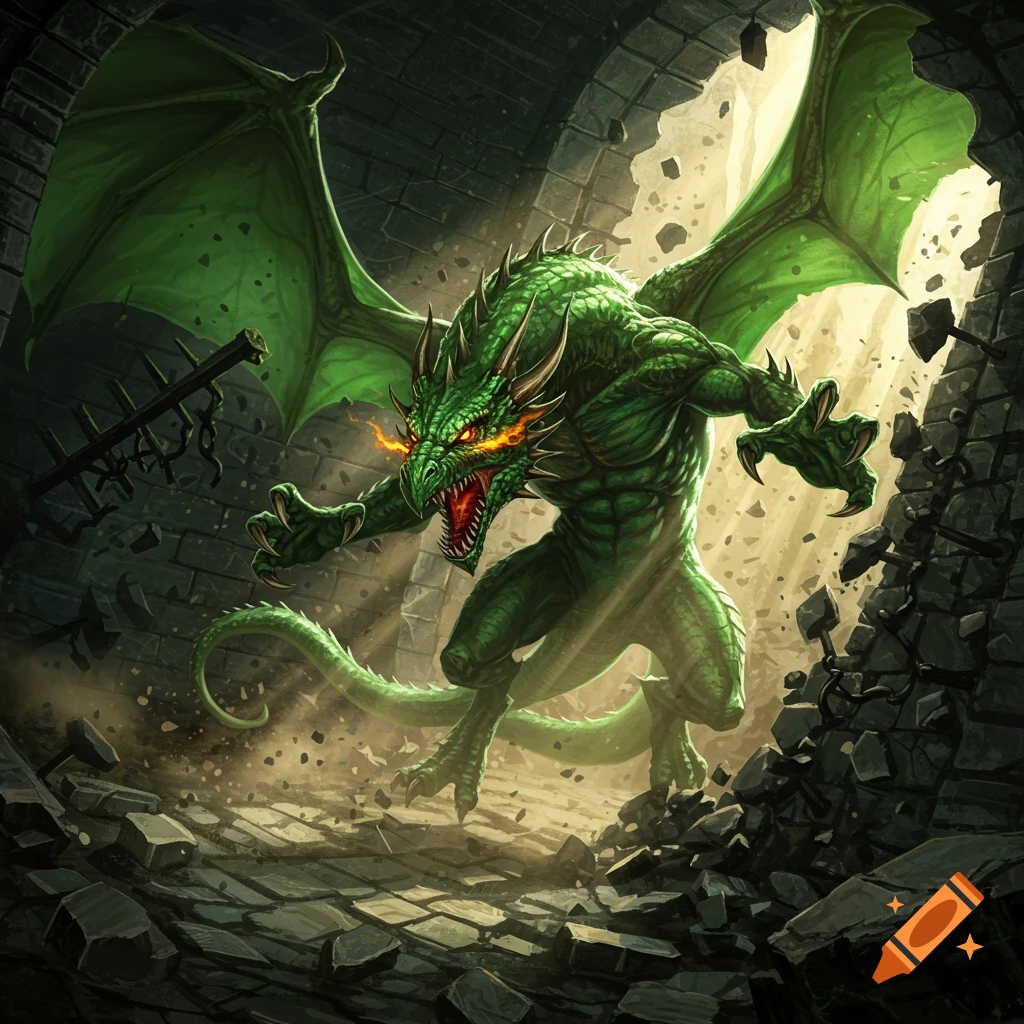 A green dragon breaking through a dungeon wall