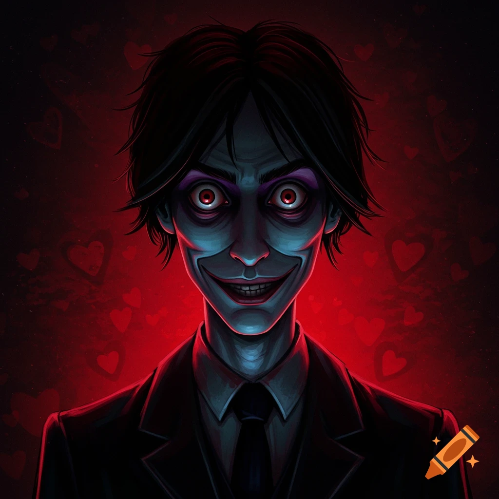 A creepy character with pale blue skin, red eyes, and a wide smile wearing a suit against a red background with heart shapes.
