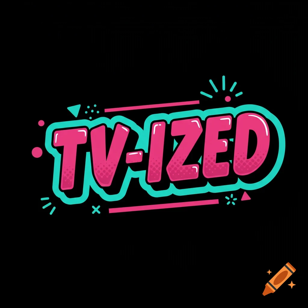 A vibrant logo with the text "TV-IZED" in a bold, 80s style, using pink and teal colors on a black background.