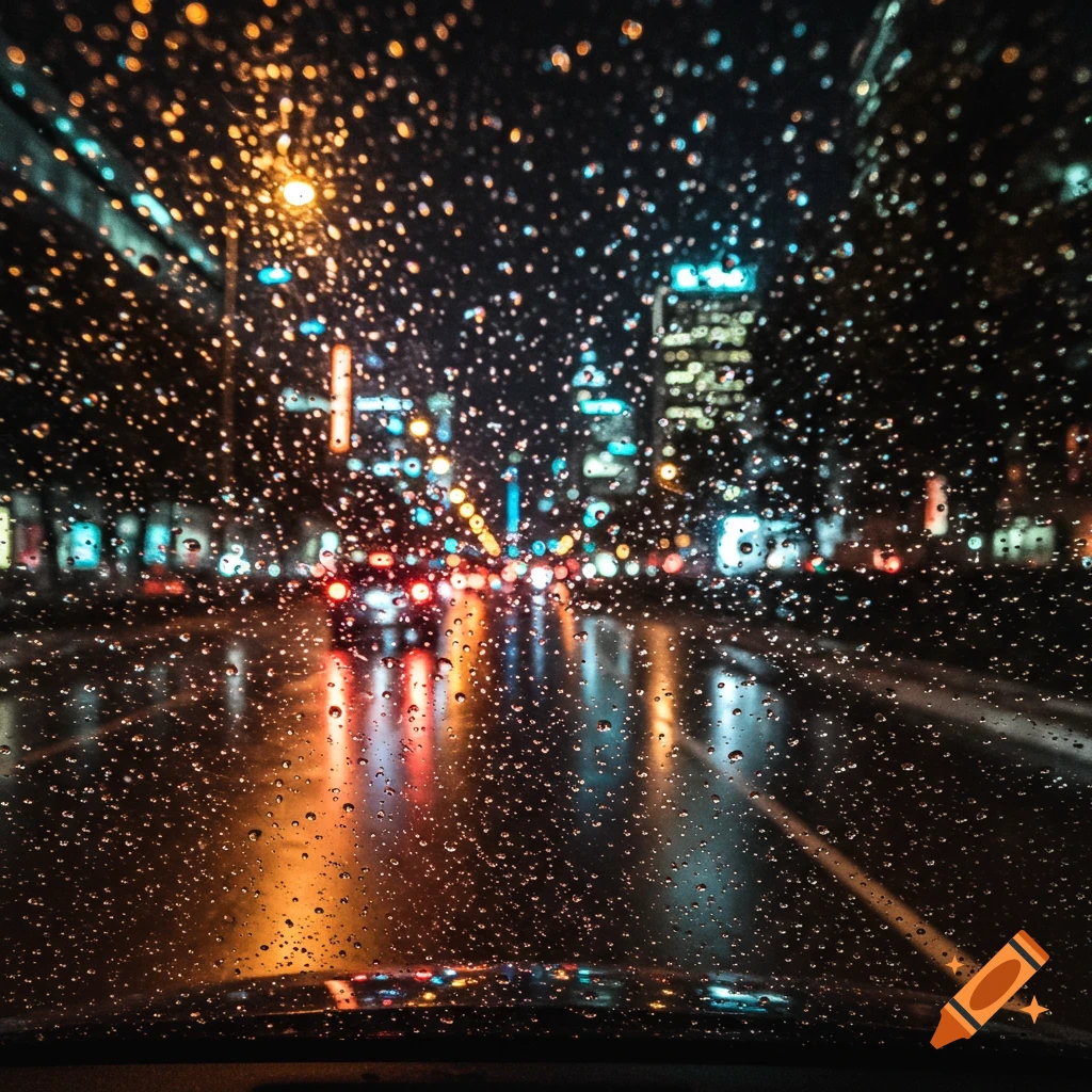 Rainy night view of a city street from inside a car, blurry lights and reflections on the wet windshield.