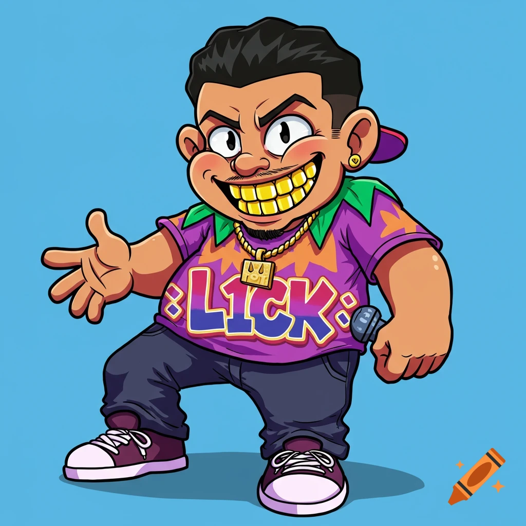 Cartoon character with gold teeth wearing a purple shirt with 'L1CK' on it, striking a pose.