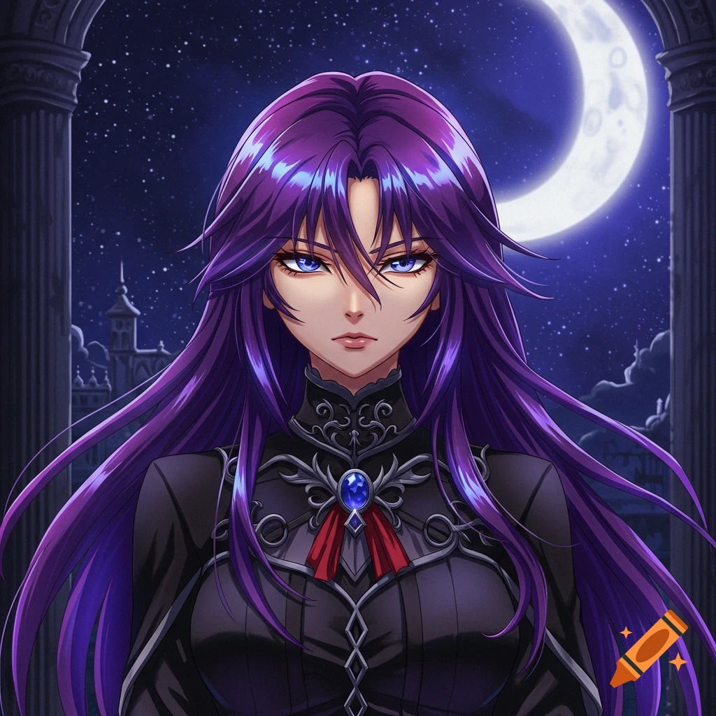 Anime portrait of a woman with long purple hair in a black outfit, standing outside at night under a crescent moon.