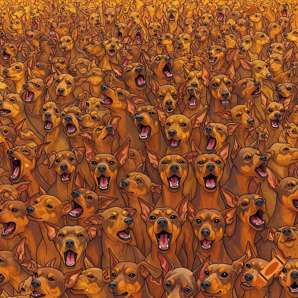 A vast crowd of brown miniature pinscher dogs barking.