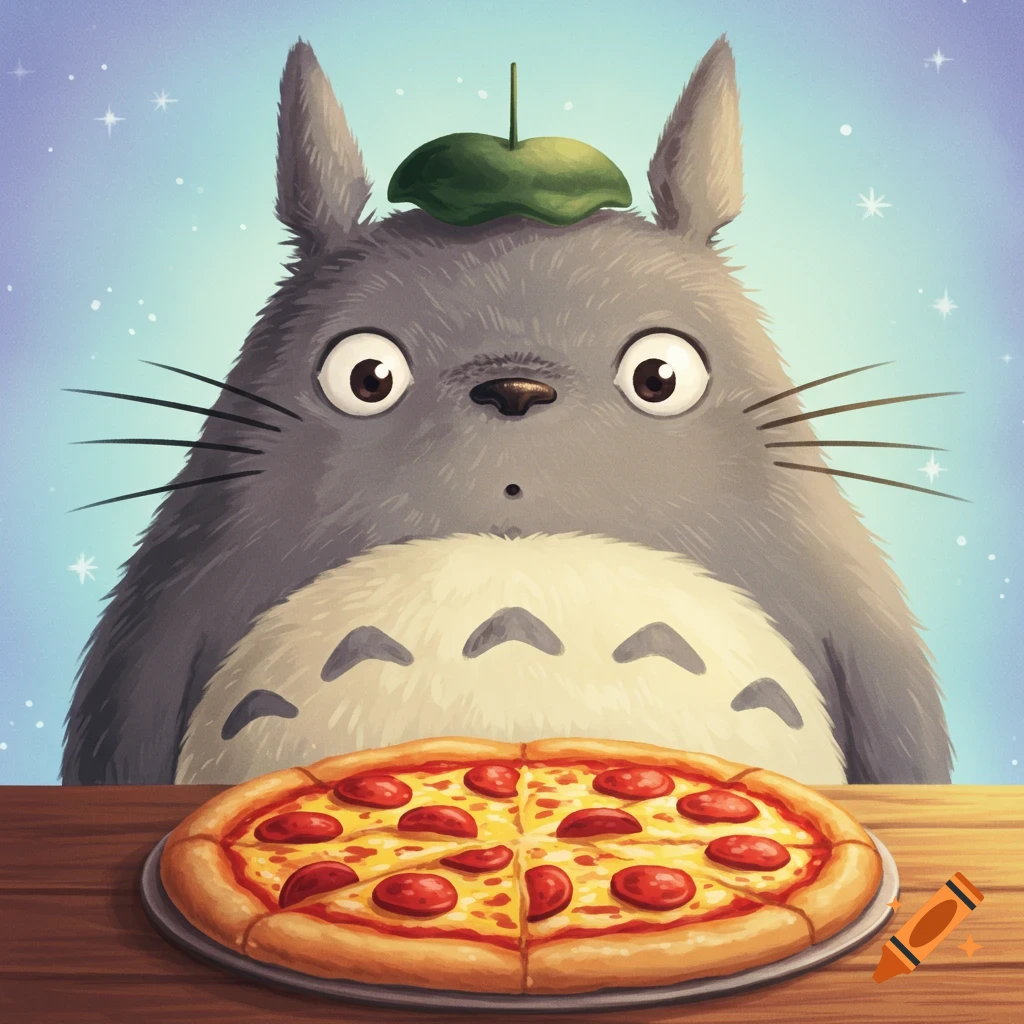 Totoro looking intently at a pepperoni pizza on a table.