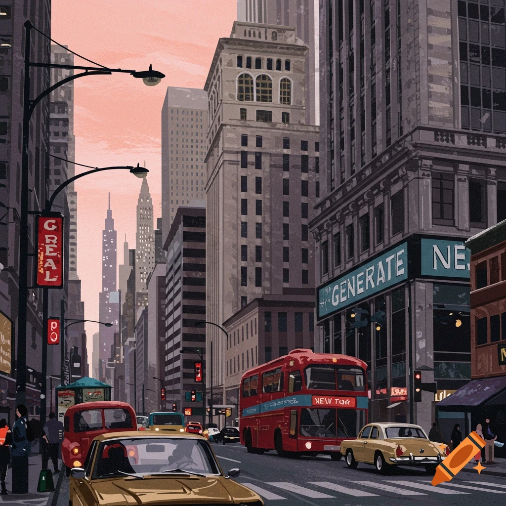 A 1950s city street with vintage cars, a red double-decker bus, and tall buildings.