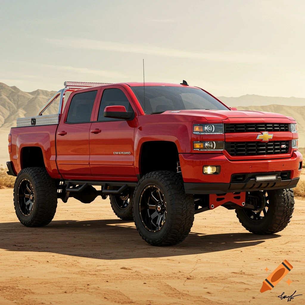 Red lifted pickup truck in a desert landscape
