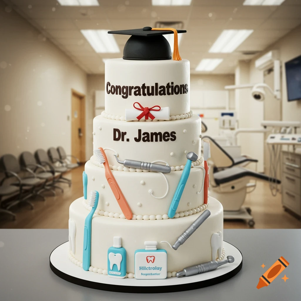 A tiered dental school graduation cake with 'Congratulations Dr. James' text and dental decorations.