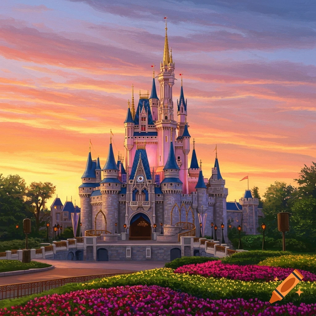 A fantasy castle resembling Disney World's castle at sunset with pink and yellow flowers.