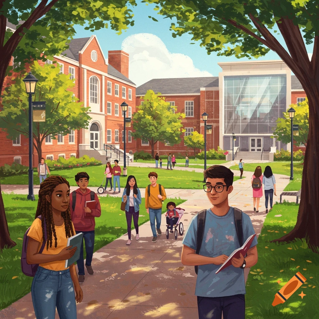 Students walking on a college campus with large brick buildings and trees.
