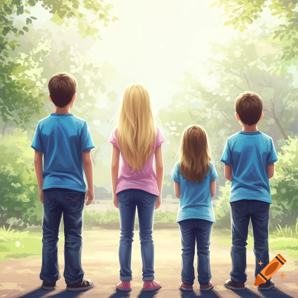 Four children are looking at sunlight in a park.