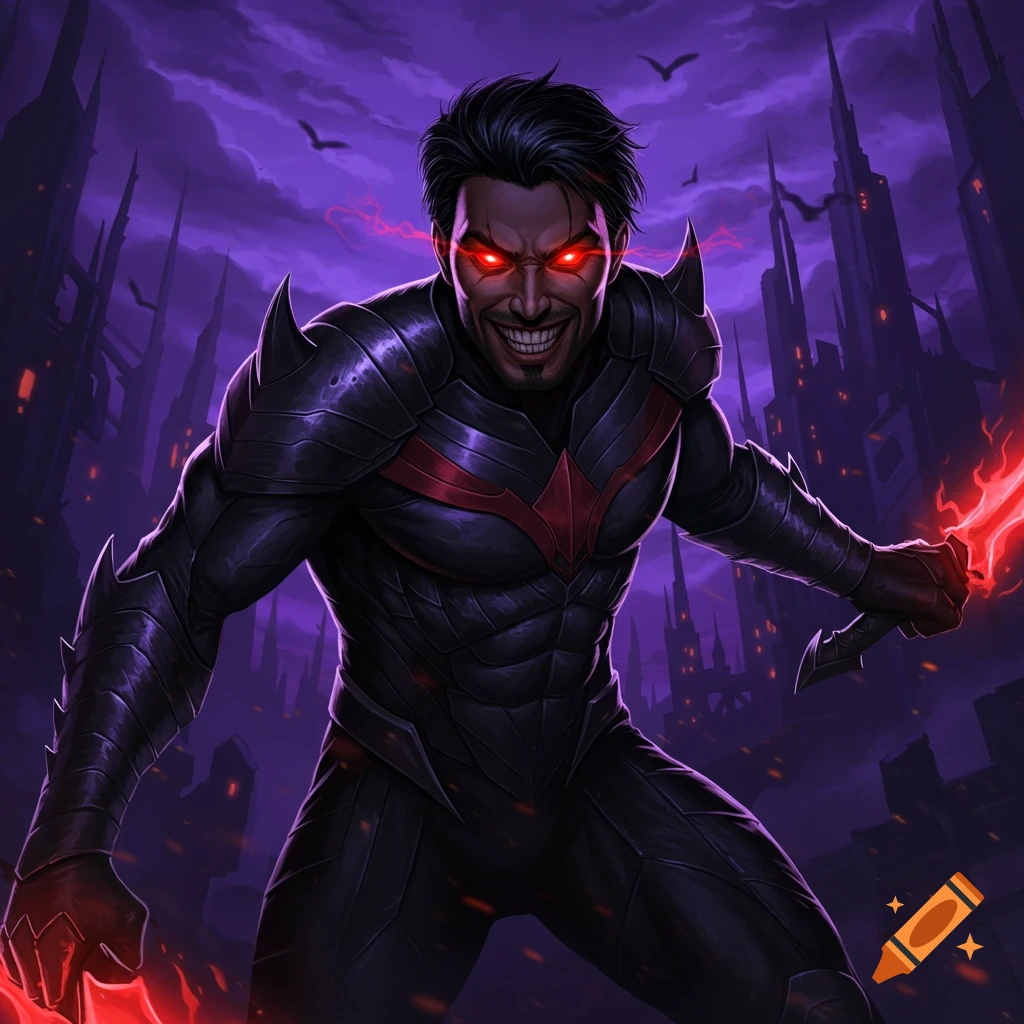 Evil superhero in dark armor with glowing red eyes and sharp teeth, holding a red glowing weapon in a dark city setting.