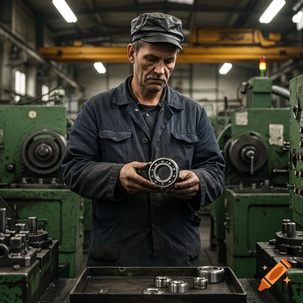 A factory worker in a cap examines a ball bearing.