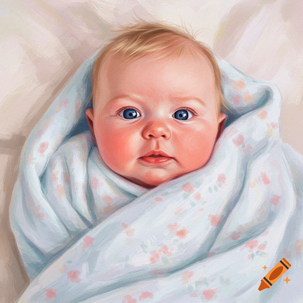 A baby wrapped in a floral blanket.
