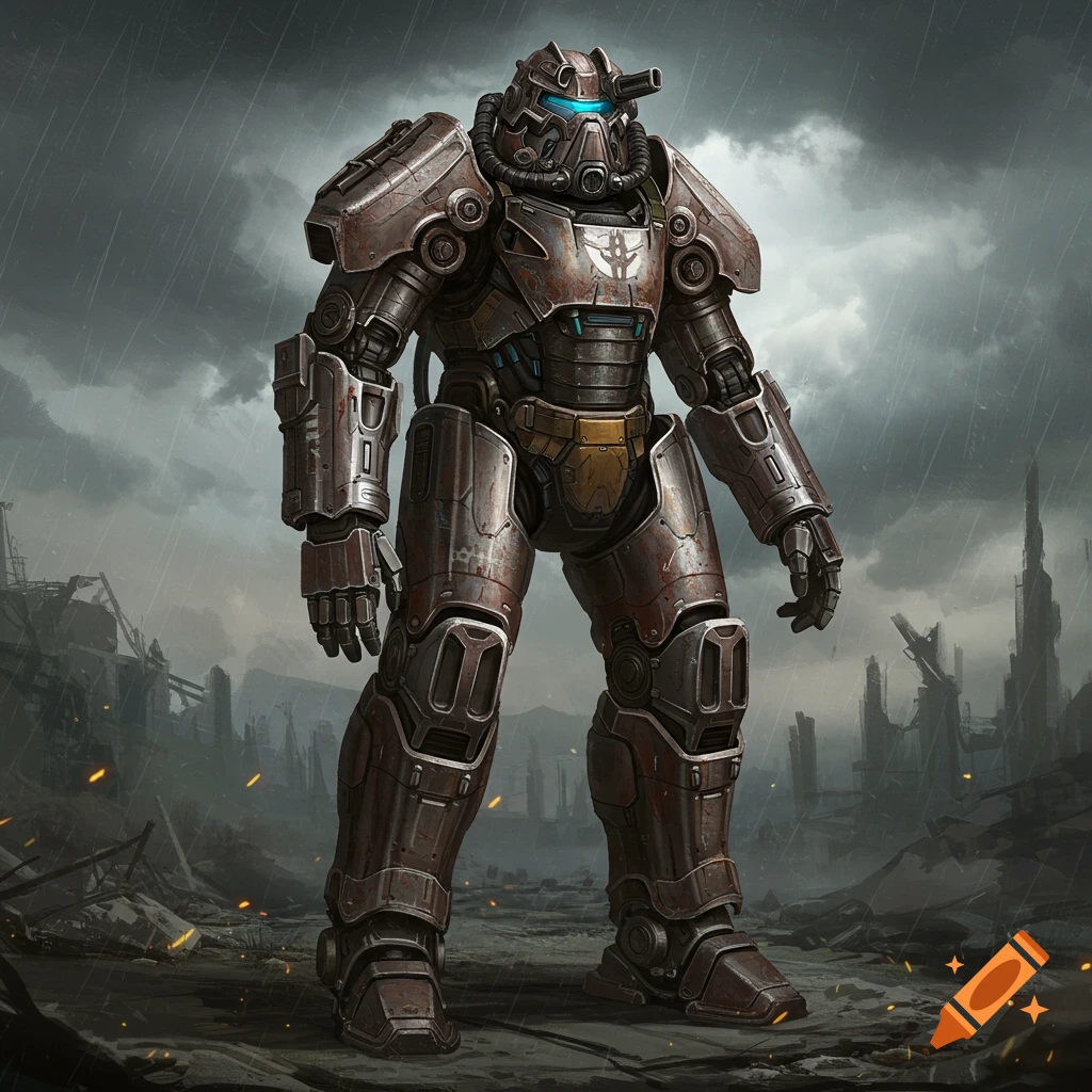 A T-60 power armor suit stands in a rain-swept ruined city.